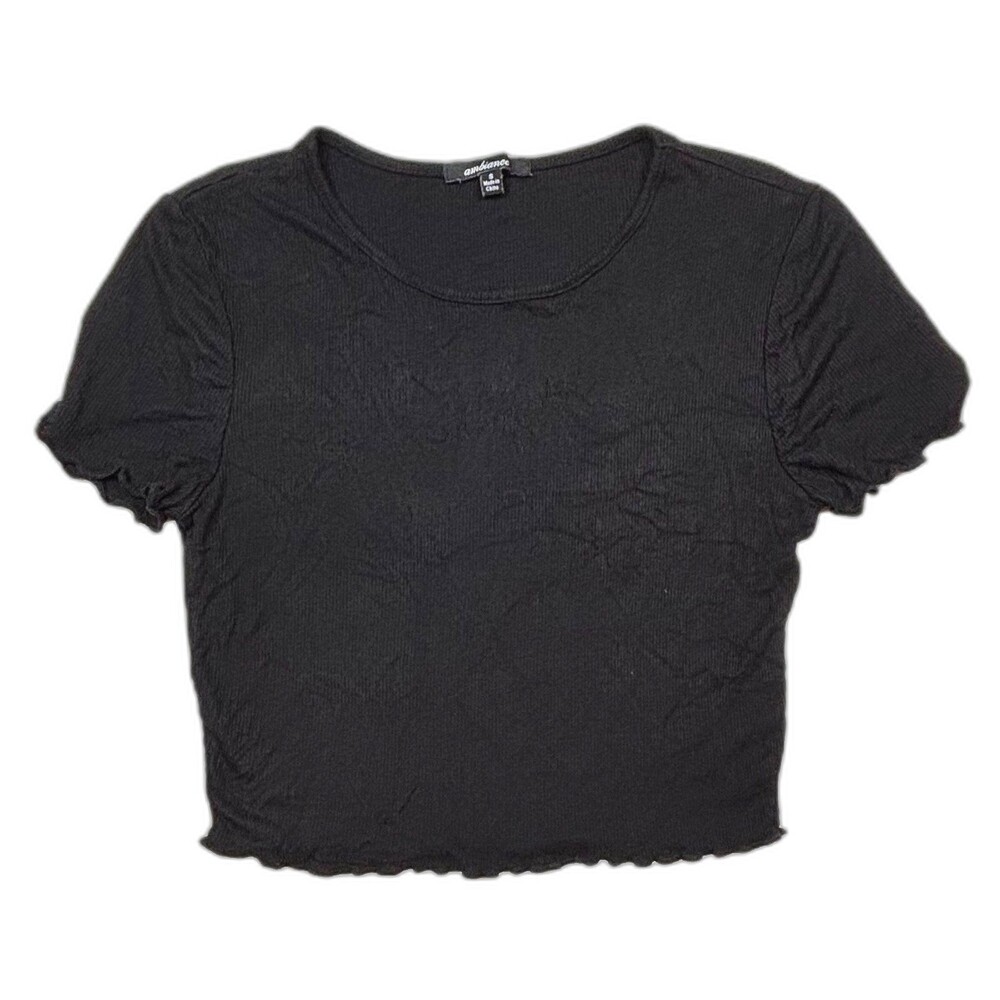 Women's Short Sleeve Ribbed Ruffles Crop Whimsigoth Romantic Black Shirt Sz S